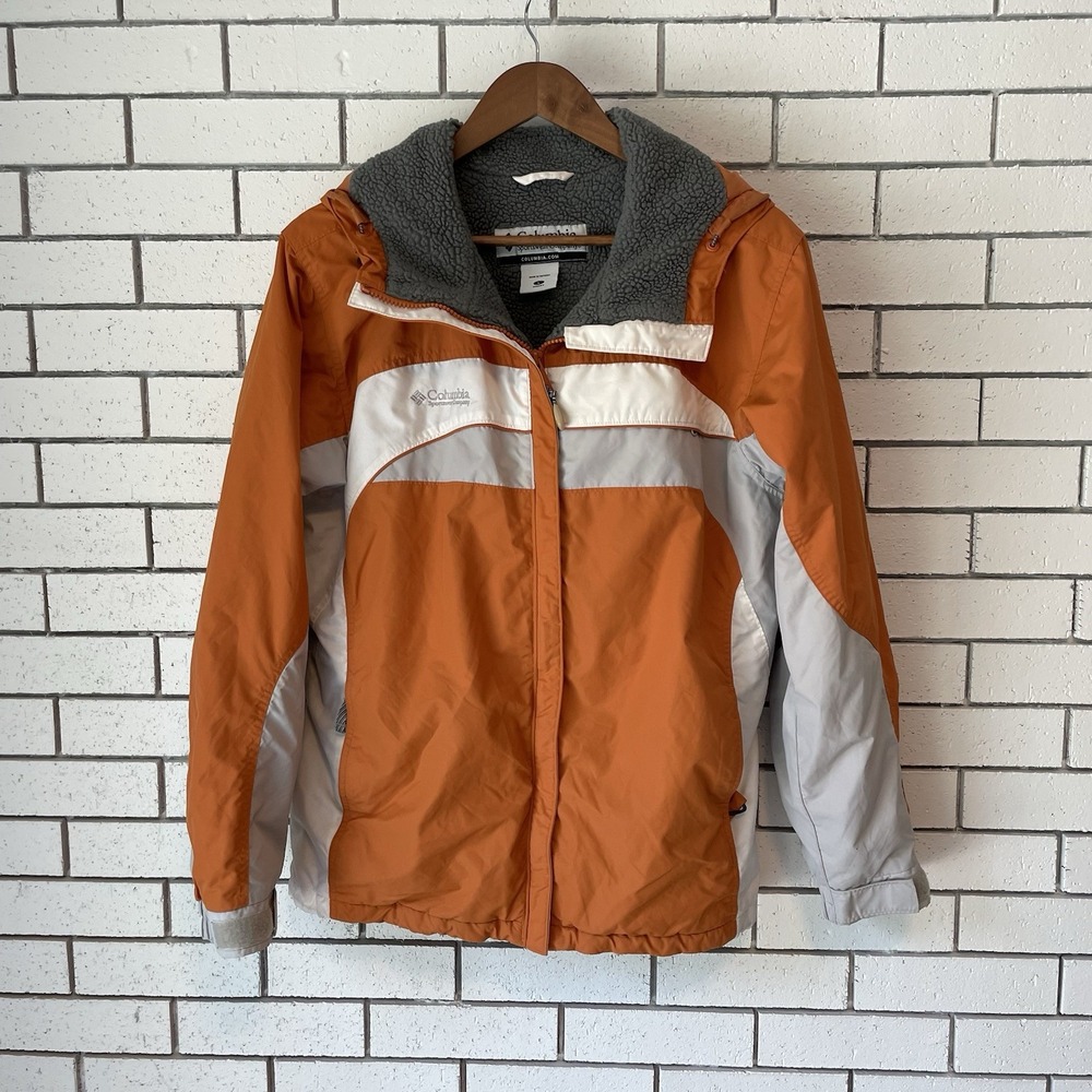 Columbia Womens Ski Jacket Hooded Colorblock Orange Grey White XL5029 Large‎